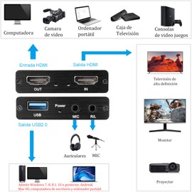 Capturadora de Video, TXG Tarjeta de Captura de Video USB 3.0 4K HD 1080p, HDMI Video Capture con Entrada de Micrófono de 3.5 mm y Salida de Audio, Audio y Vídeo para Windows / Linux / OBS Grabación de Enseñanza, Captura de Juegos y Enseñanza en Línea