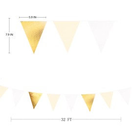 PinkBlume White Beige and Gold Triangle Flag Cloth Garland Banner Party Decoration White and Gold Pennant Outdoor Flags Boys Girls Birthday Decoration 100th Day Celebration Wedding Camping Flag Triangle Tent Decoration Graduation Decoration Christmas Par