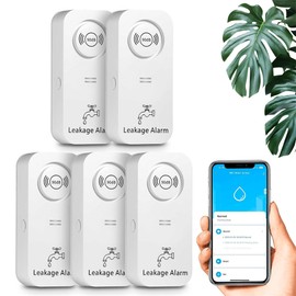 WiFi Water Detector (2.4G WiFi), 90 dB Water Sensor Alarm and App Alarm, Wireless Water Alarm, WiFi Water Detector Water Alarm for Pipes, Bedroom, Kitchen, Bathroom, Basement (Pack of 5)