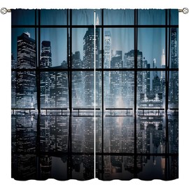 City Blackout Curtains for Home Decor,NY City Scenery at Night with Skyscrapers Buildings Rod Pocket Thermal Insulated Drapes Darkening Window Curtain for Girls Boy Bedroom Living Room 72 x 63 Inch