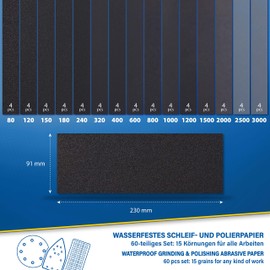 S&R S&R Wasserfestes Schleifpapier Set 60 Stk, Schleifbl?tter Satz, Schmirgelpapier, Trocken- & Nasspolitur, Siliziumkarbid-Korn, 15 K?rnungen P80 bis P3000, Profi Nassschleifpapier; Industrie-Qualit?t