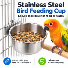 Stainless Steel Bird Feeding Cups for Food & Water – Clamp-On Cage Bowls for Parrots, Parakeets & Small Pets