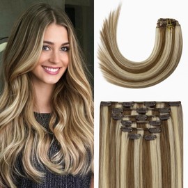 Clip in Hair Extensions Real Human Hair 70G Light Brown to Blonde Highlights 100% Remy Human Hair Extensions Straight 7pcs 16clips 7pcs 16clips(15 Inch #6P613)