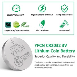 YFCN CR2032 Battery 3V Lithium Batteries 10 Count Pack CR2032 Batteries - CR 2032 Coin Cell Battery for AirTag, Key Fob, Remotes- 10 Years Shelf Life