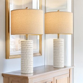 PORTRES PORTRES 24" Farmhouse Ceramic Table Lamp Set of 2 for Bedroom Living Room White Desk Decor Bedside Lamps for Study Room Office Dorm Modern Accent Nightstand Lamp End Table Lamps