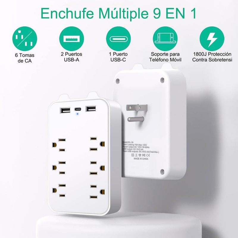 Multicontacto de Pared 6 Tomas con 3 USB, Protección Contra