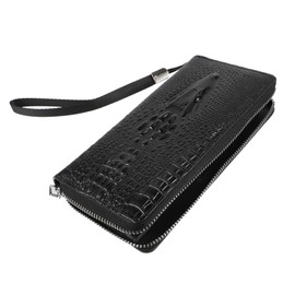 PACKOVE Large Capacity Male Bifold Wallet with Alligator Print Durable PU Zipper Handbag for Cards Cash Cellphone and Checkbook Storage Fashionable Black Men's Long Wallet