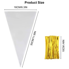 100Pcs Cone Cellophane Bags, 16 * 30CM/6.3 * 11.8IN Plastic Popcorn Cone Bags with 100Pcs Twist Ties for Treats Candy Favor, Candy Bags for Party Christmas Gift Wrapping, Middle
