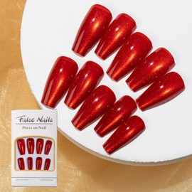 24PCS Press On Nails, Cat' Eyes glue on nails, Short Long Almond Square Coffin Ballet Shape, stick on nails Fake False Nails for Women and Girls (Red Ballet, S)