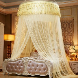 GKYMYZ Light Yellow Princess Elegant lace Round Sheer mesh Bed Tent Queen,Canopy for Twin Bed,Mosquito net for Bed,Girls Bed Or Full & Queen Size Bed,fits 1.2m-2m Bed