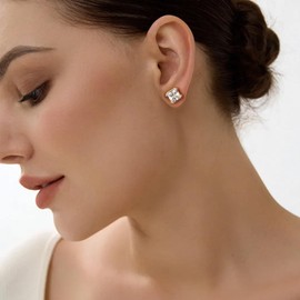 Square Cut Earrings for Women Men 5MM Princess Cut Earrings Gold Plated Sterling Silver Cubic Zirconia Fake Diamond Stud Earrings for Men Hypoallergenic Half Bezel Solitaire Studs Jiahanzb