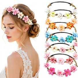6 PCS Pink Flower Crown Headband for Women & Girls, Boho Floral Hair Accessories for Weddings, Bridesmaids, Flower Girls, Tea Party & Bavarian Festival