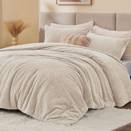 ChiXpace Fluffy Comforter King Set - Furry Linen Leaves Pattern Faux Fur Bed Set, Winter Ultra Soft Fuzzy Comfort Set, Velvet Bedding Set for Bed with 2 Pillow Cases