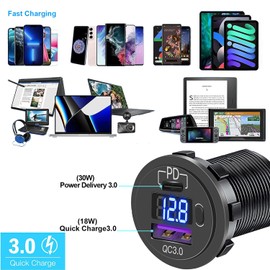 12V USB Outlet, 38W USB C Car Charger Socket, USB Quick Charge 3.0 Port & PD USB C car Charger Waterproof with Voltmeter and Power Switch for Car RV Boat Marine Motorcycle Golf Truck
