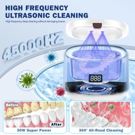 Ultrasonic Retainer Cleaner, Sonic Dental Cleaning U-V Machine for Dentures, Mouth Guard, Aligner, Toothbrush Head, Jewelry, All Dental Appliances, Portable 30W/45kHz (White)