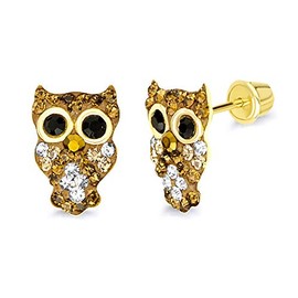 14k REAL Yellow Gold CZ Owl Stud Earrings with Screw Back
