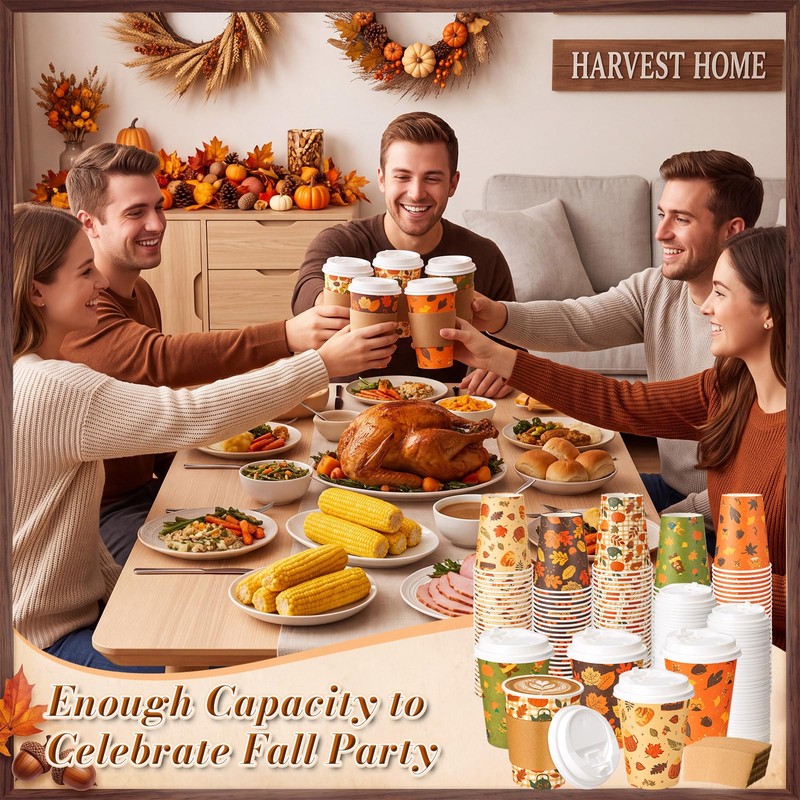 100 Pcs 12oz Fall Thanksgiving Coffee Cup with Lid and