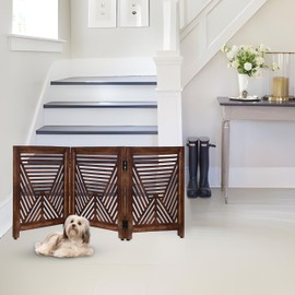 Lightnpro Geometric Wooden Dog Gate - Free-Standing Foldable Pet Barrier for Indoor Use, Safety Gate for Dogs, Cats & Small Pets, Ideal for Stairs & Entryways - 24x54 Inch Natural Burnt