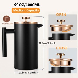 Meelio Black French Press Stainless Steel 34oz, Double Wall Insulated Coffee Press 1L for travel camping with 2 Extra Filter Screens and 1 Coffee Spoon（8cup 1000ml）