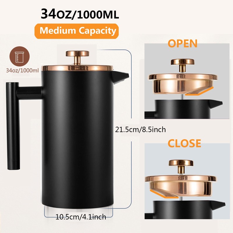 Meelio Black French Press Stainless Steel 34oz, Double Wall Insulated