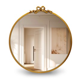 TopCity Vintage Round Gold Wall Mirror Bathroom Vanity Mirrors Decorative Antique Metal Ornate Circle Mirror, Baroque Home Bow Decor for Dressing Table,Bedroom,Living Room,Hallway