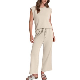 SAMPEEL 2 Piece Set for Women Summer Cruise Outfits Vacation Fashion Lounge Sets Cap Sleeve Matching Sets Women Clothing Wide Leg Crop Pants Set Travel Airport Sweat Set Beige L