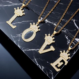 A Necklace Initial,Initial Necklace Gold J Chain A-Z Letter Pendant 14K Gold Plated Crown Necklaces for Men Girl Friend Gifts for Women, Gold Plated, Cubic Zirconia