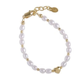 Cherished Moments Children's 14k Gold-Plated Dainty Cultured Pearl Bracelet Accented with Gold Heart for Girls (LG)