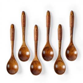 Hefild 6 PCS Wooden Spoons for Honey, 6.7 inch Small Wooden Spoons - Terrific for Tea, Coffee & Soup, Little Wood Serving Table Spoon Set, Bulk Bamboo Teaspoon for Eating with Wrapped Handles