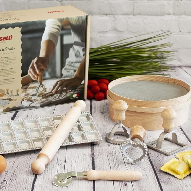 Bisetti 7 Piece Complete Pasta Kit for Ravioli Including: Rolling