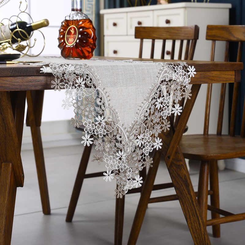 Q'foo Lace Table Runner, Embroidery, Center Cross, Scandinavian Floral Pattern,