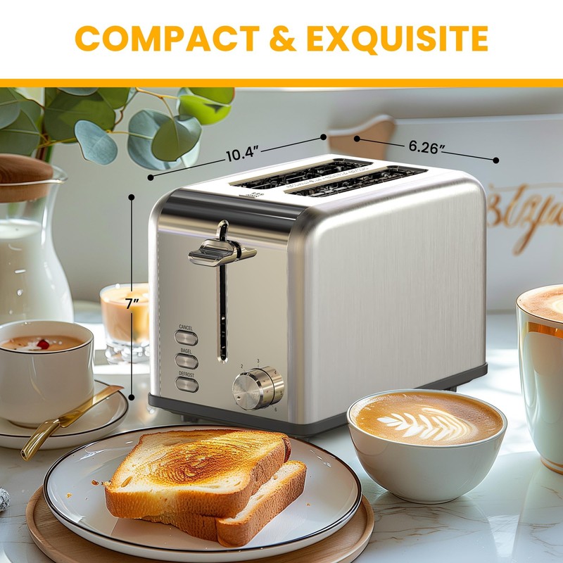 Simple Deluxe 2-Slice Toaster, Stainless Steel Toaster, 6 Browning Setting