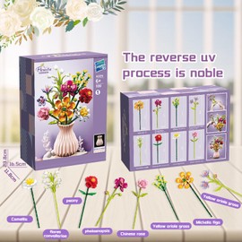 Flowers Bouquet Building Blocks Set with vase，8 types of flowers, is made and ABS plastic, Botanical Collection Home Decor Gift for Birthday，Toy DIY Decor for Home ，Creative Gift
