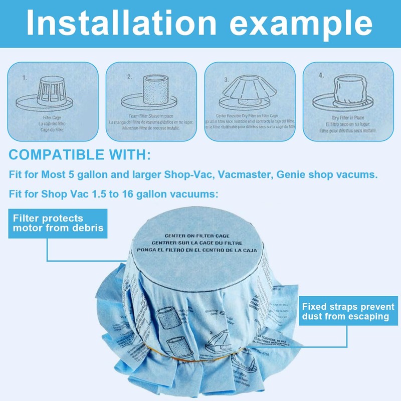 9 Pack Shop Vac 90107 Filter, Reusable VF2002 Wet/Dry Vacuum
