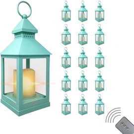 LED Lantern - Set/16 - Teal Decorative Lanterns with Flameless Candles & Remote - Includes Timer - 9 3/8" H