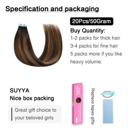 SUYYA Tape in Hair Extensions Human Hair Balayage Darkest Brown to Light Brown 20 Inch 50g/pack 20pcs Straight Seamless Skin Weft Tape in Real Human Hair Extensions(20inch #P2/8/T2)