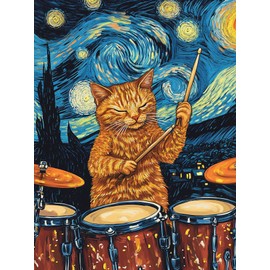 Yomiie 5D Diamond Art Kits for Adults, Cat Plays Drum Diamond Painting Art Starry Sky DIY Full Round Drill Kits, Embroidery Rhinestone Diamond Crystal Craft Canvas Home Wall Decor 12x16 inch