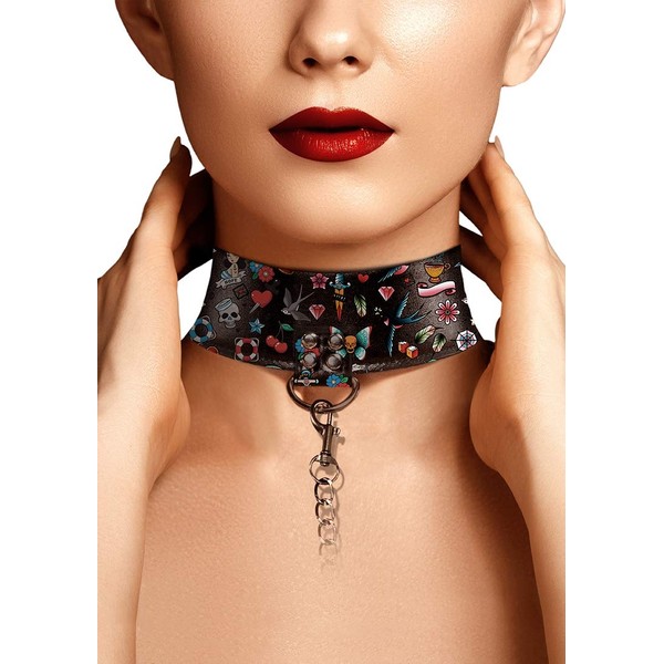 Shots Ouch! Old School Tattoo Style - Printed Collar With Leash - Black