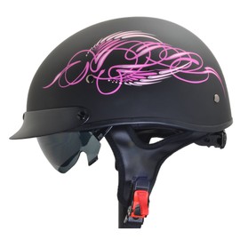 Vega Helmets Warrior Motorcycle Half Helmet with Sunshield for Men & Women, Adjustable Size Dial DOT Half Face Skull Cap for Bike Cruiser Chopper Moped Scooter ATV (Pink Scroll, Medium)