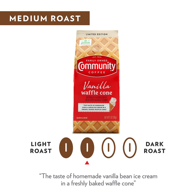 Community Coffee Vanilla Waffle Cone, Ice Cream Flavored Ground Coffee,