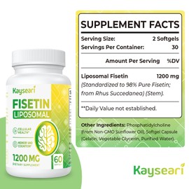 Kayseari Fisetin 1200mg Liposomal Fisetin Supplements 98% Pure Fisetin Polyphenols Antioxidants Immunity Health Aging Cognitive Support Non-GMO 60 Capsules
