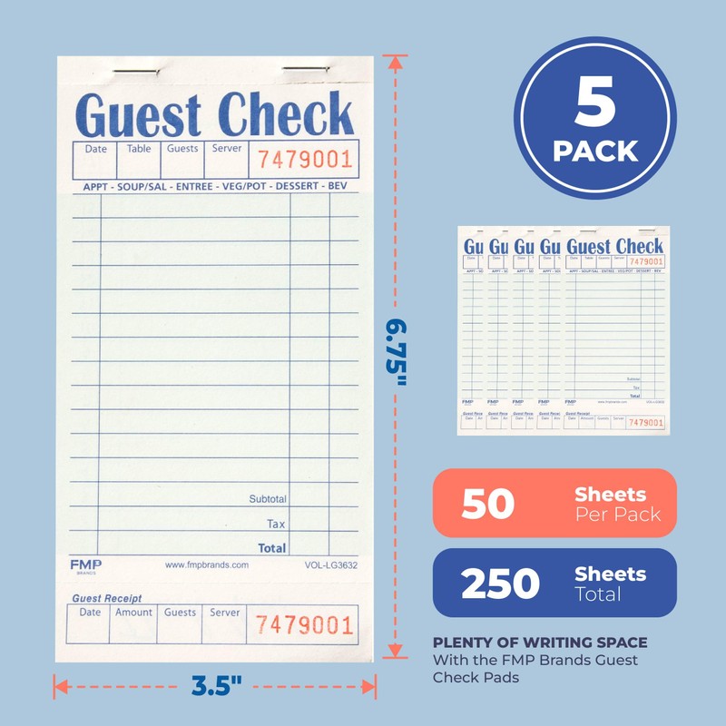 FMP Brands Guest Check Books for Servers, Server Note Pads