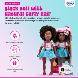 Bella 18-Inch Black Doll with Natural Curly Hair & Medium Brown Skin – African American Baby Doll for Girls Ages 3-9 Years Old - Includes Outfit & Affirmation Book – Perfect for Gift