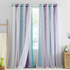 NICETOWN Blackout Curtains 90 Inches Long - White Sheer Overlay Thermal Insulated Curtains for Living Room, Ombre Rainbow Curtains for Bedroom (W52 x L90 inch, Teal & Purple, 1 Pair)