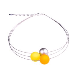 Adi-Modeschmuck 3-stranded necklace Mara, 20mm Polaris beads in saffron and yellow with a silver accent bead made of lacquered acrylic resin. Handmade by in Berlin