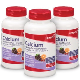 Leader Calcium Vitamin D3 Plus Minerals - Bone Health Supplement with Magnesium, Zinc, and Other Essential Minerals - Supports Strong Bones & Teeth, Enhanced Absorption, 60 Chewable Tablets, Pack of 3