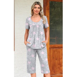 POPYOUNG Womens Pajama Sets Summer Ladies Pjs 2 Piece Loungewear Capri with Pockets Sleepwear XL, Fl Pink Star