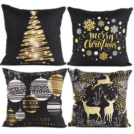 BETESSIN Set of 4 Black Christmas Pillow Covers - Cotton Linen Decorative Christmas Sofa Cushion Cover for Christmas Home Living Room Bedroom Decoration, 45 x 45cm