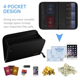 ENGPOW Expanding File Folder with Multi-Function Pockets,Fireproof File Organizer Accordion Document Organizer with Letter A4 Size Storage For Important Document,Money,Card,USB,Passport,4-Pocket,Black