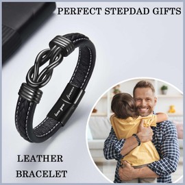 EYQV Step Dad Fathers Day Gift, Leather Bracelet Fathers Day Gift from Daughter Son, Unique Gifts for Step Dad Birthday Christmas Thanksgiving